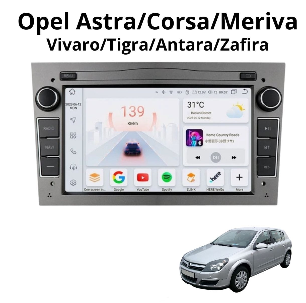 Autoradio Android con CarPlay per Opel Astra, Corsa, Meriva, Vivaro — vista frontale
