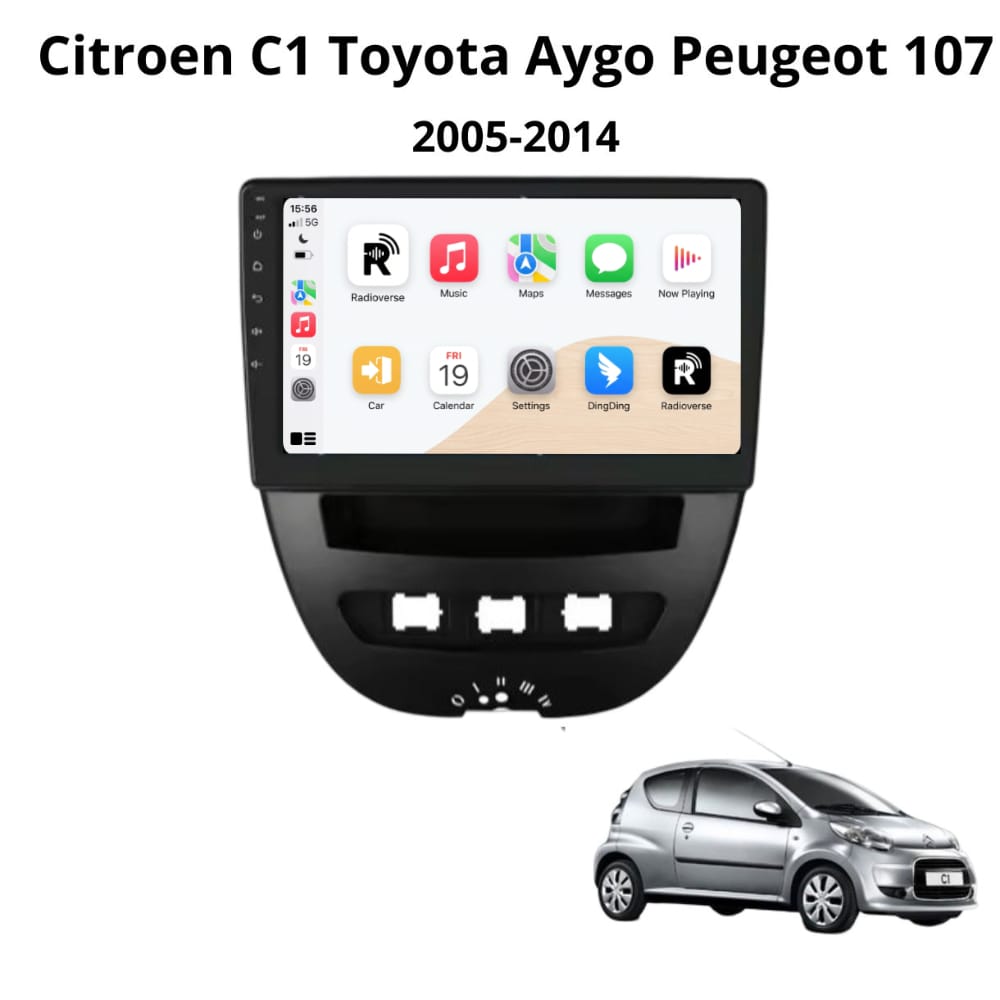 Autoradio Android con CarPlay per Toyota Aygo, Peugeot 107, Citroën C1 (2005-2014) — vista frontale