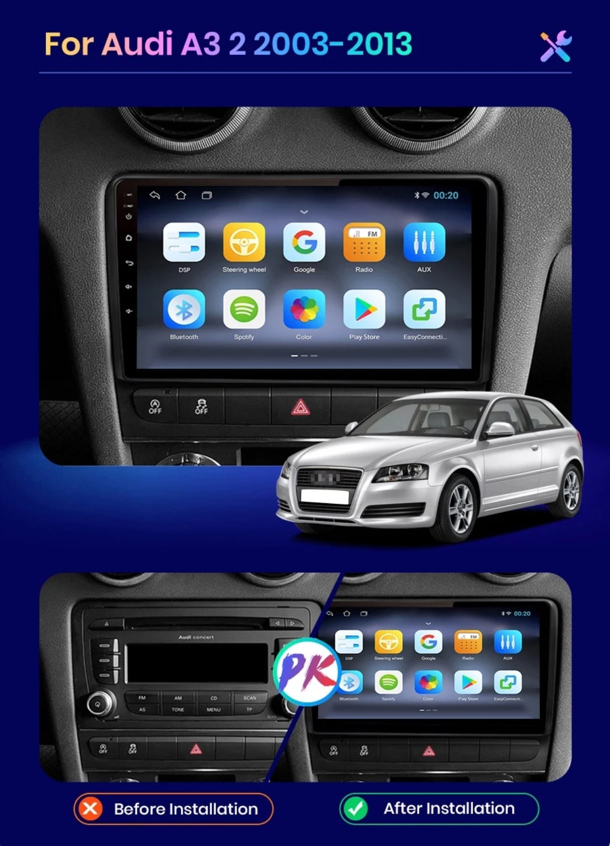 Autoradio Android per Autoradio Android Audi A3 Sportback (2003-2011) — installata nella plancia